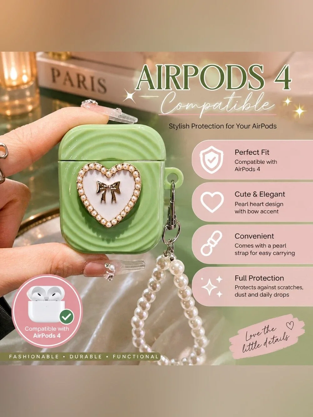 CASE COVER — Green Pearl Heart Protective Case COMPATIBLE With AIRPODS 4